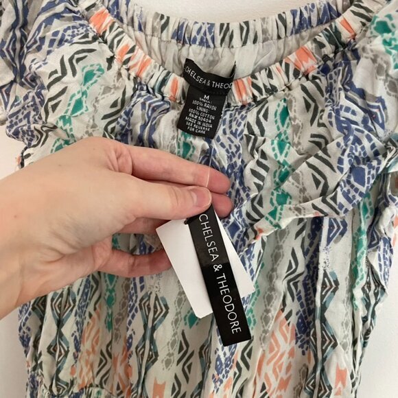 NEW NWT CHELSEA & THEODORE Flounce off the Shoulder Dress White Aztec Boho Mini - Picture 6 of 14